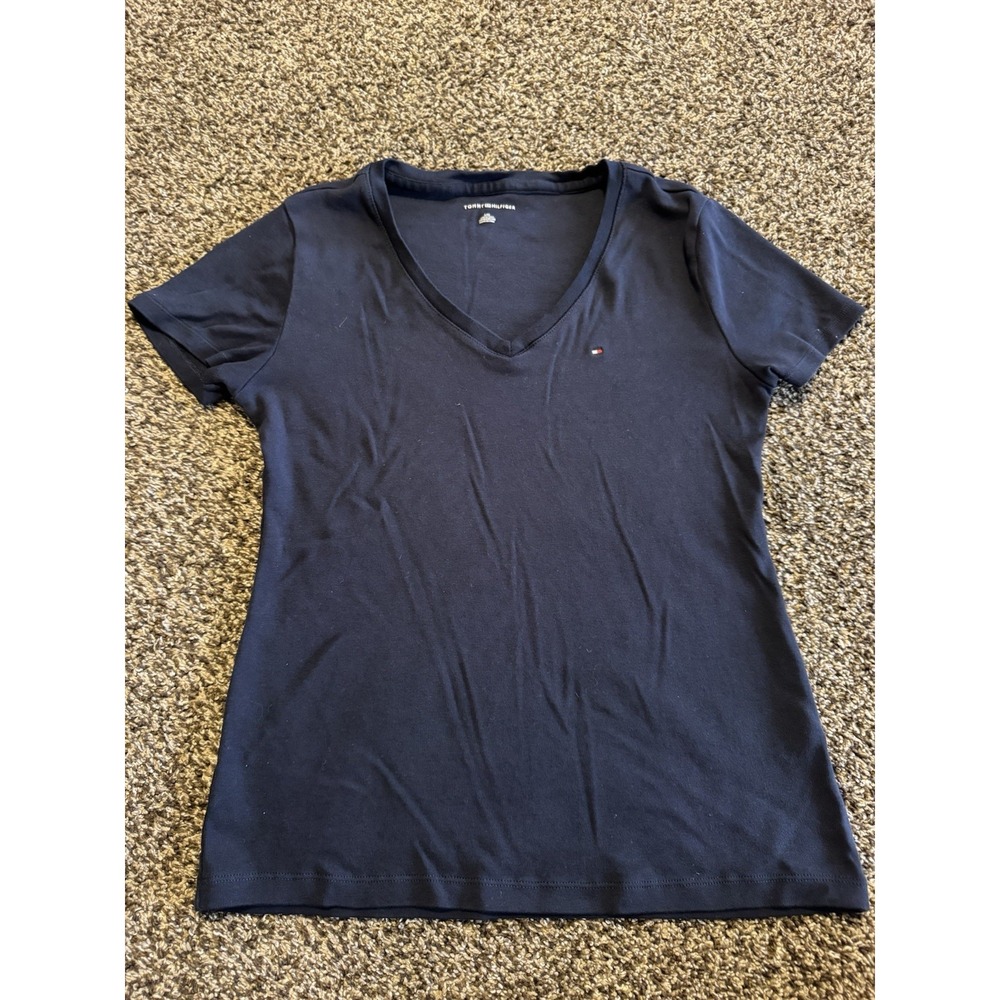 Tommy Hilfiger Women's Large Navy Blue V-Neck T-Shirt Flag Logo Tee